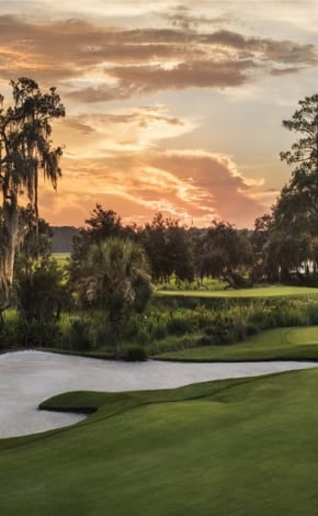 golf course with sunset background