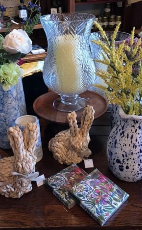 pottery and fake bunnies on table
