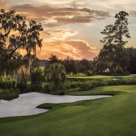 golf course with sunset background 