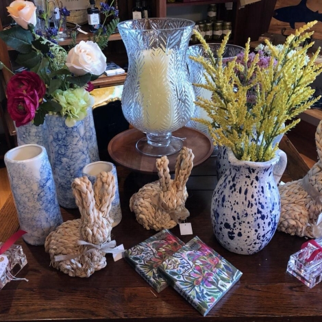 pottery and fake bunnies on table 